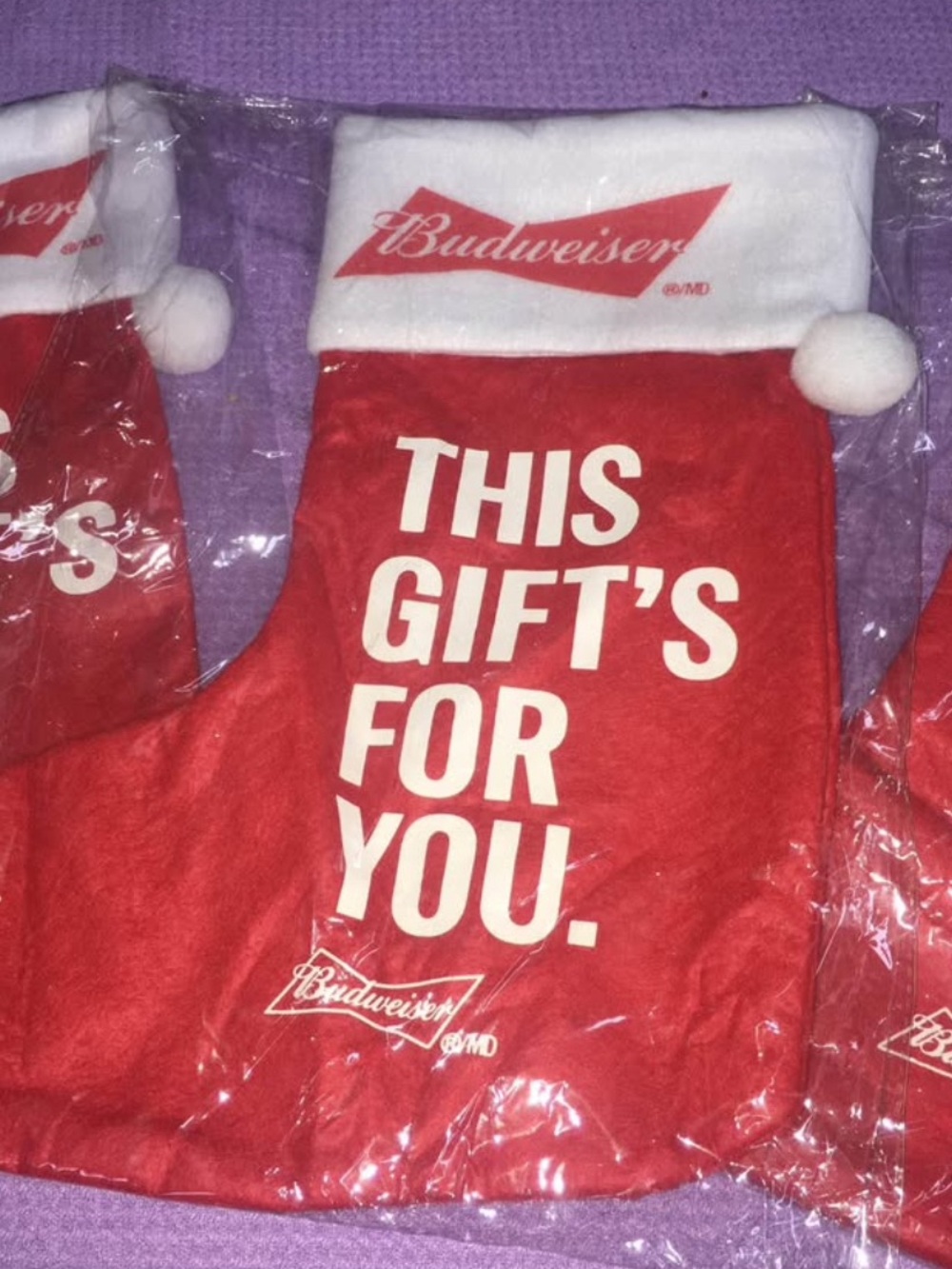 Budweiser Red & White Holiday Stocking with Bold Typography Lot of (2)